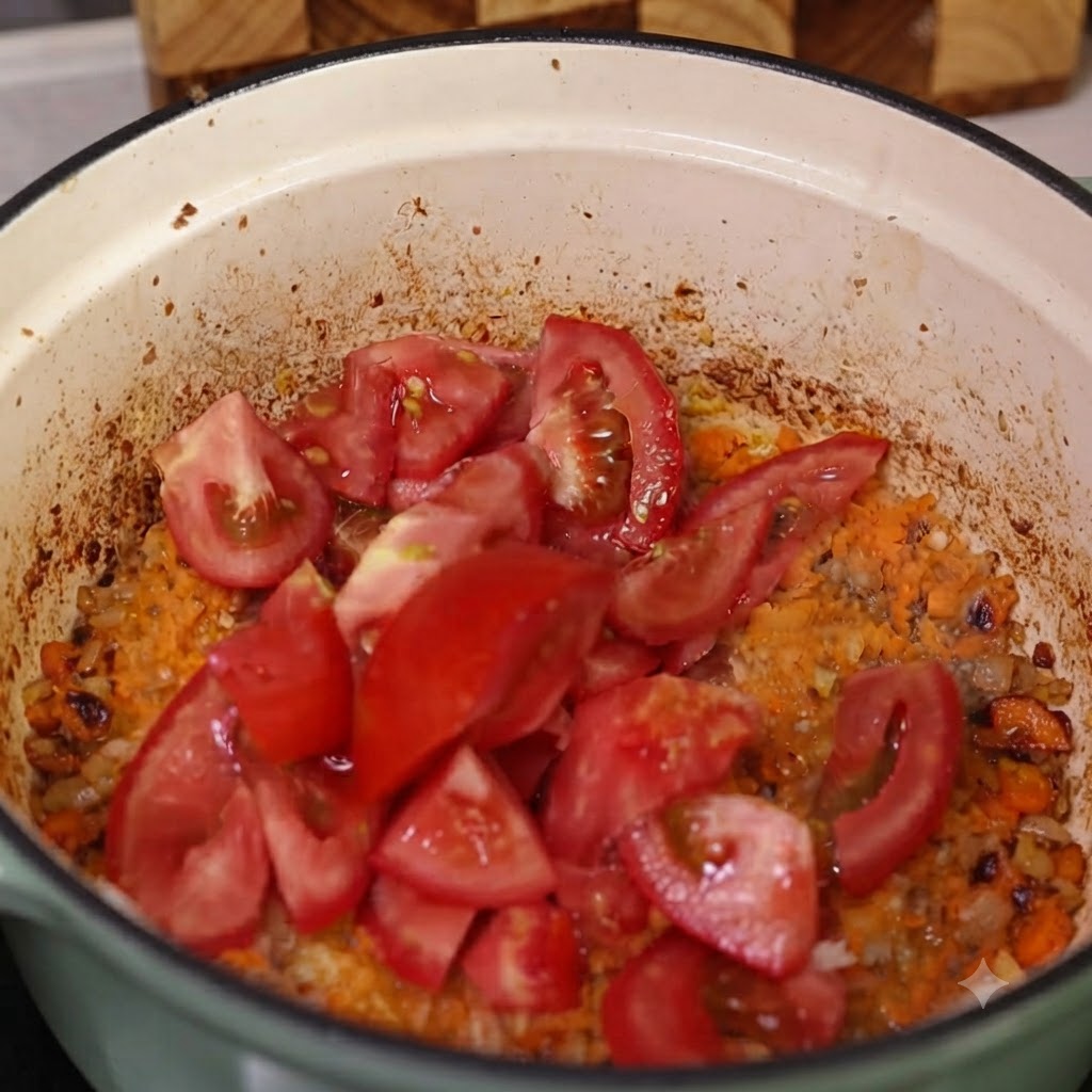 야채와 고기 혼합물이 담긴 냄비에 썬 토마토 조각과 토마토 페이스트를 넣는 모습.