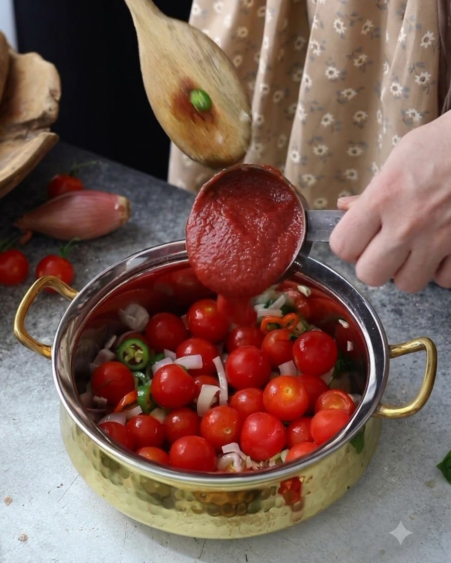 방울토마토와 볶은 채소가 담긴 냄비에 계량컵으로 토마토 퓌레를 붓는 모습.
