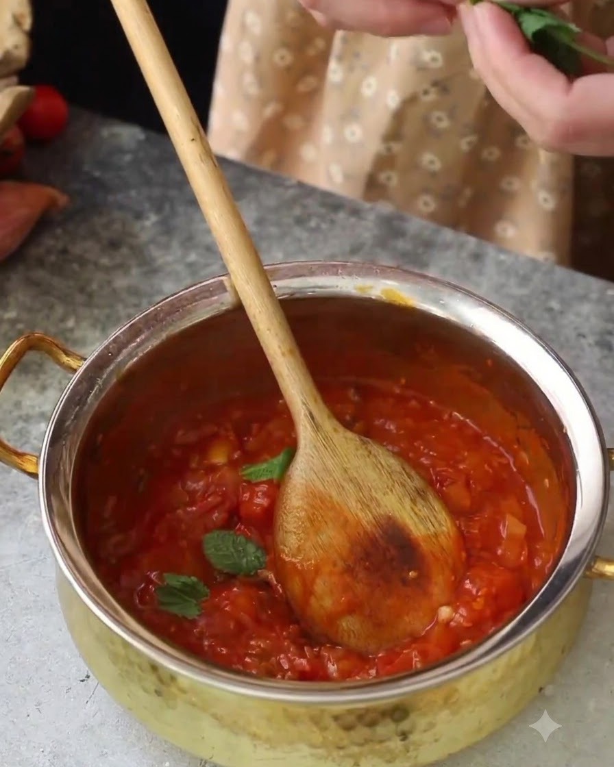 냄비에서 끓고 있는 붉은 토마토 소스를 나무 숟가락으로 저으며 신선한 바질 잎을 넣는 모습.