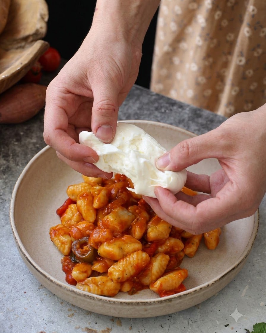 토마토 소스에 버무린 뇨끼가 담긴 그릇 위로 신선한 흰색 부라타 치즈를 찢어 올리는 모습.