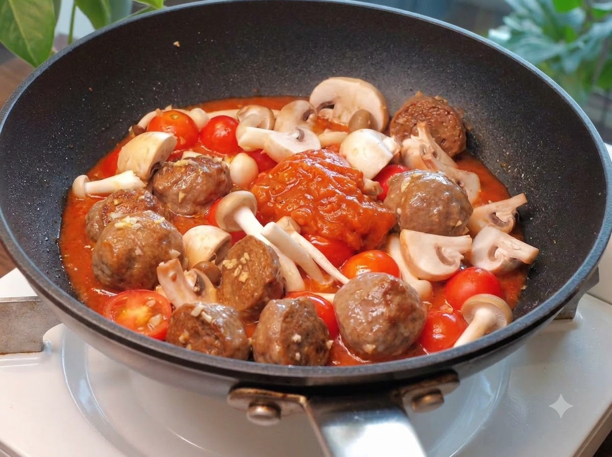 소고기완자, 버섯, 토마토가 담긴 팬에 파스타 소스 파우치 내용을 붓는 모습.