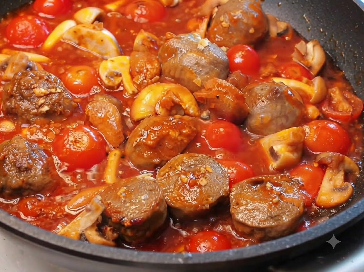 진한 토마토 소스와 버섯, 소고기완자가 가득한 팬에 삶은 스파게티면을 섞고 있는 모습.