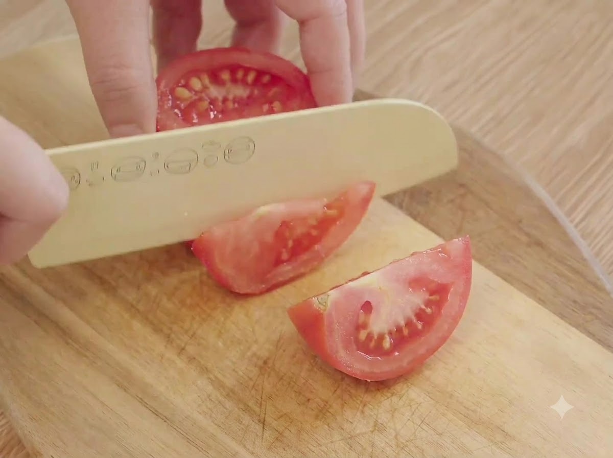 도마 위에서 칼을 이용해 신선한 붉은 토마토를 작은 조각으로 썰고 있는 모습.