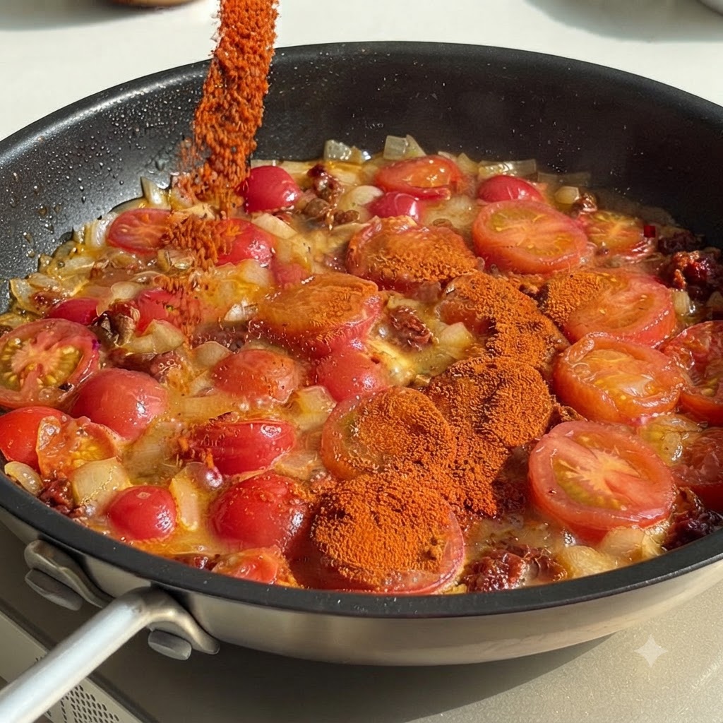 보글보글 끓는 토마토와 양파 팬에 용기로 칠리 파우더를 붓는 모습.