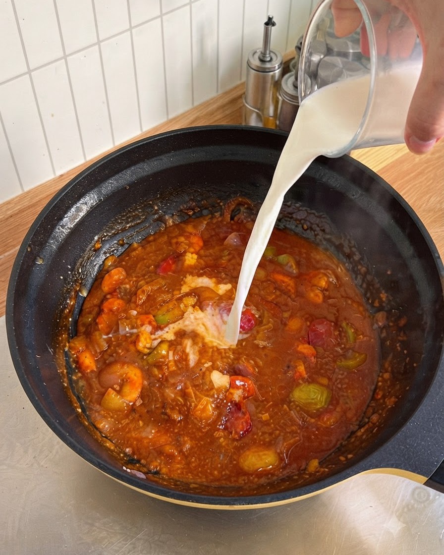 계량컵에 담긴 우유를 토마토와 채소 소스가 끓고 있는 팬에 붓는 모습.