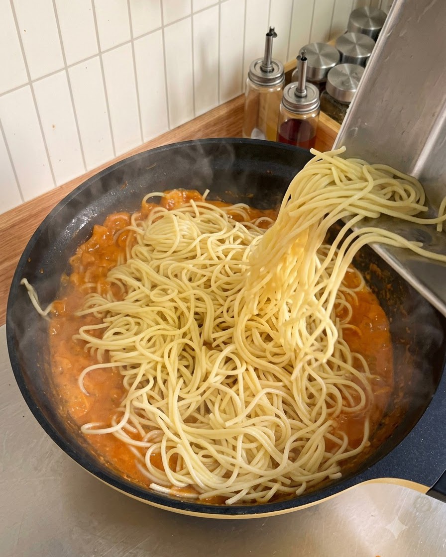 메탈 트레이에 담긴 삶은 스파게티 면을 크리미 토마토 소스가 가득한 큰 팬에 밀어 넣는 모습.