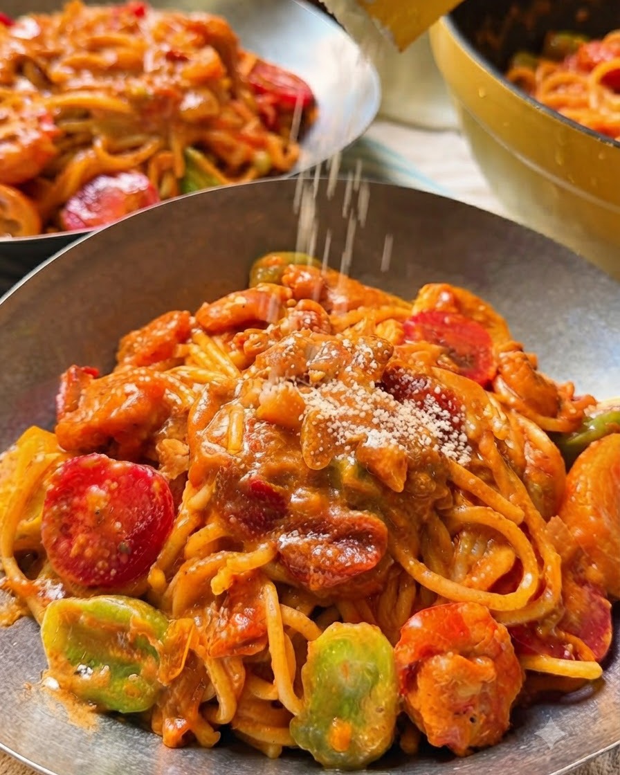 담아낸 크리미 토마토 파스타 그릇 위로 건조 치즈 가루를 위에서 솔솔 뿌리는 모습.