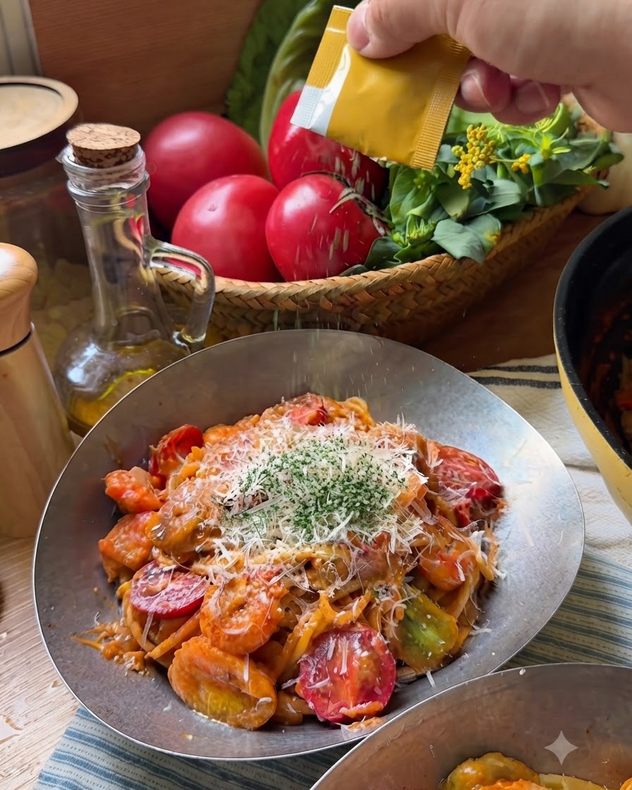 작은 노란색 포장지를 들고 녹아내린 치즈와 토마토 위에 건조된 초록색 파슬리 플레이크를 파스타 그릇에 뿌리는 모습.
