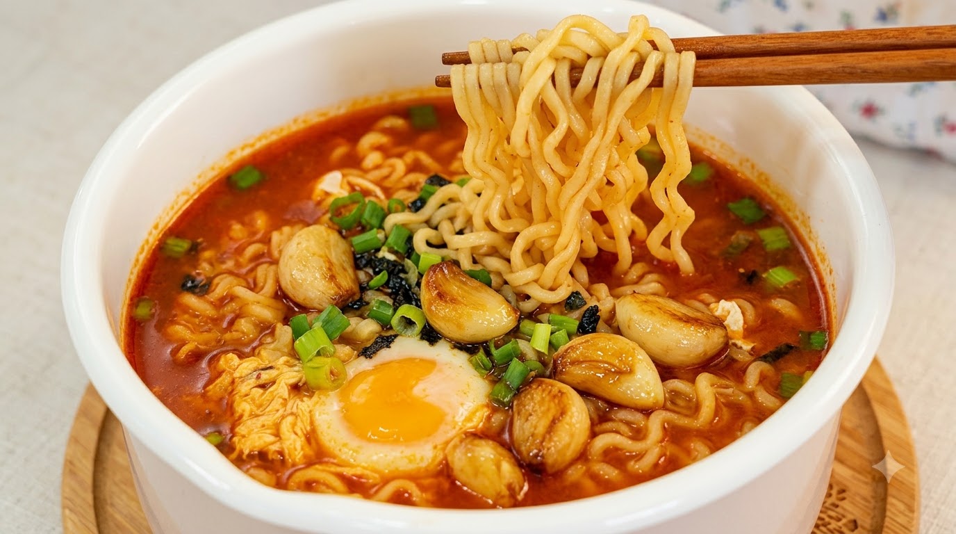 부드러운 구운 마늘, 대파, 완벽하게 익힌 달걀로 고명을 얹은 얼큰한 한국식 라면 한 그릇.