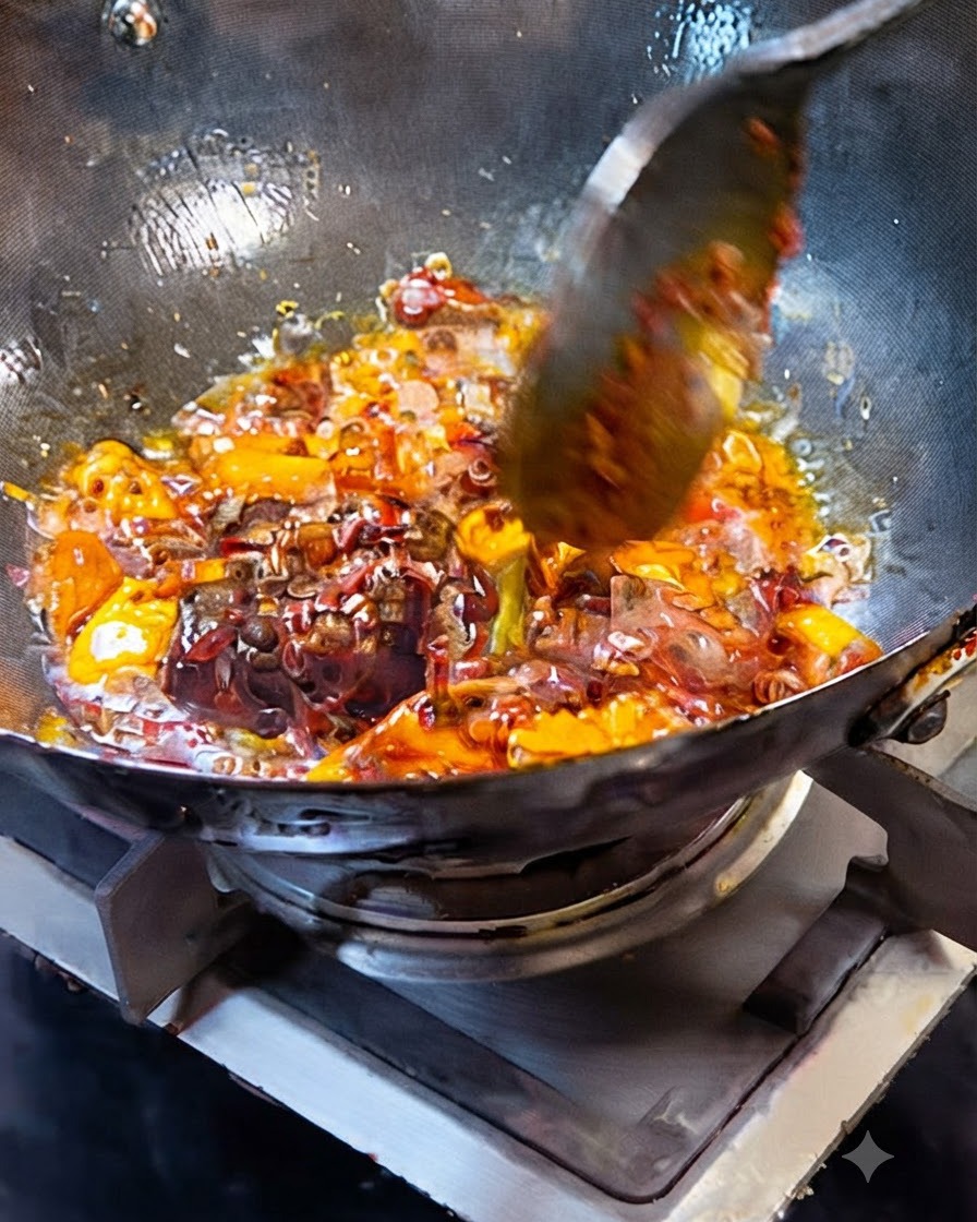 웍 안에서 매운 두반장, 훠궈 시즈닝, 향신채가 기름에 지글지글 볶아지는 모습.