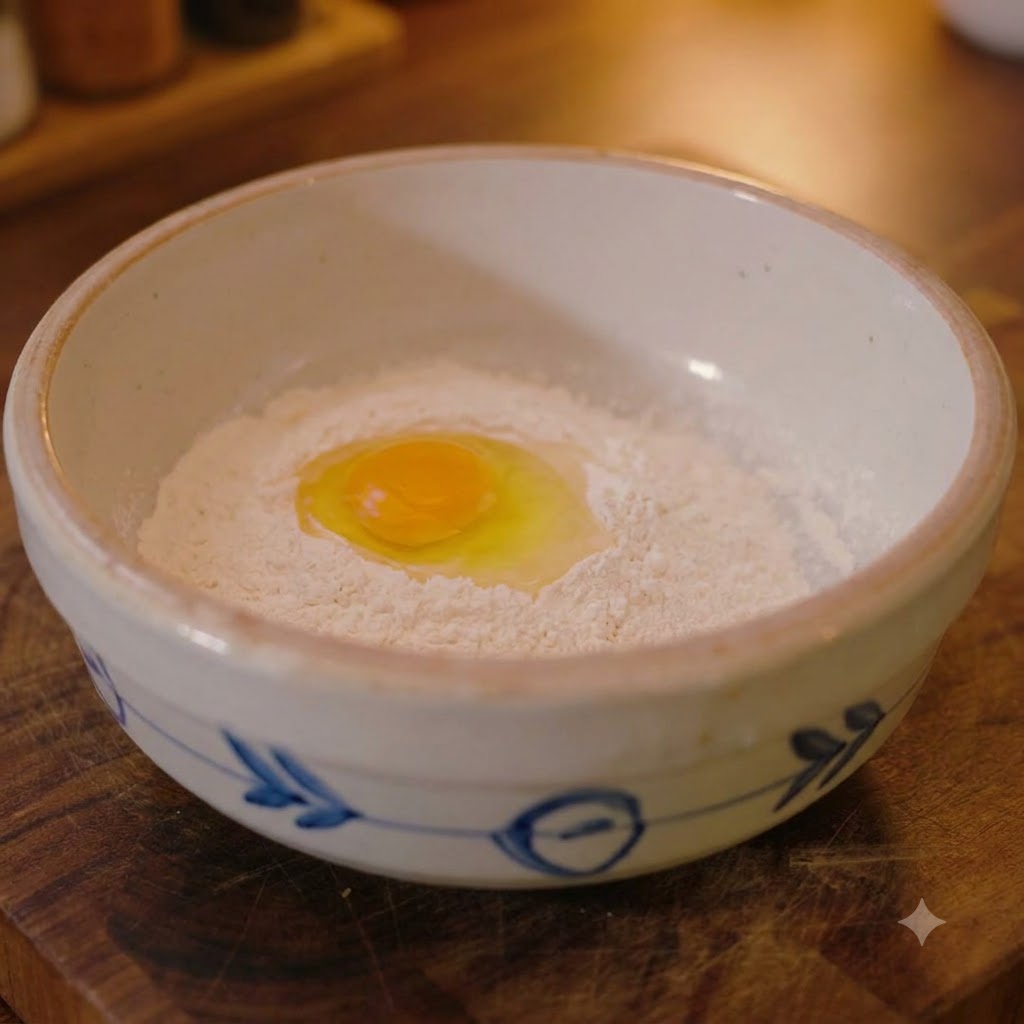 도자기 볼 안의 하얀 밀가루 침대 위에 노란 자위가 그대로 살아있는 날달걀이 놓여 있는 모습