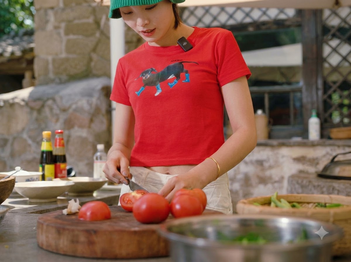 나무 도마 위에서 칼로 신선한 빨간 토마토를 썰고 있는 모습