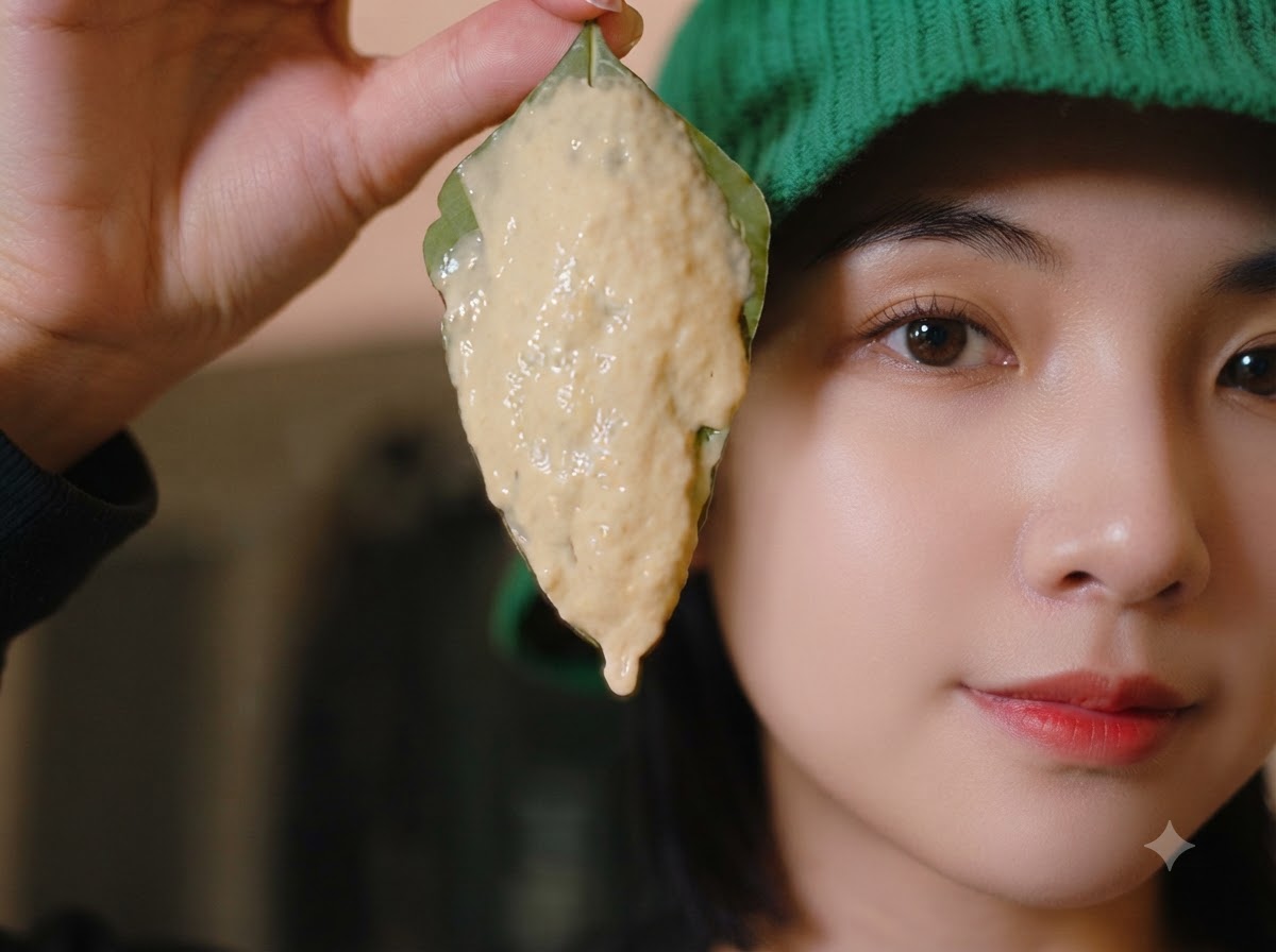 반죽이 코팅된 잎을 얼굴 옆에서 손으로 들어 올린 클로즈업 사진