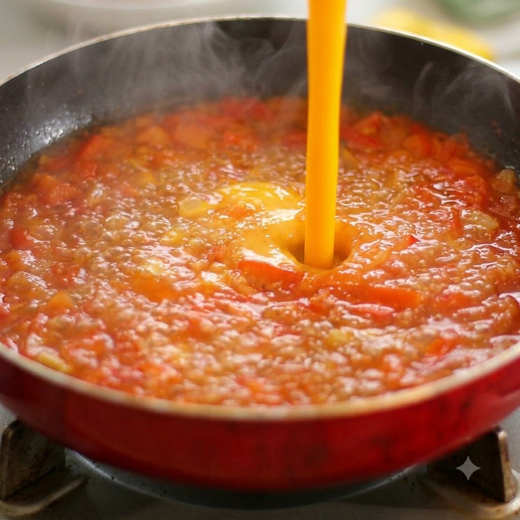 보글보글 끓는 붉은빛의 토마토 팬 위로 위쪽에서 물이 부어지고 있는 모습.
