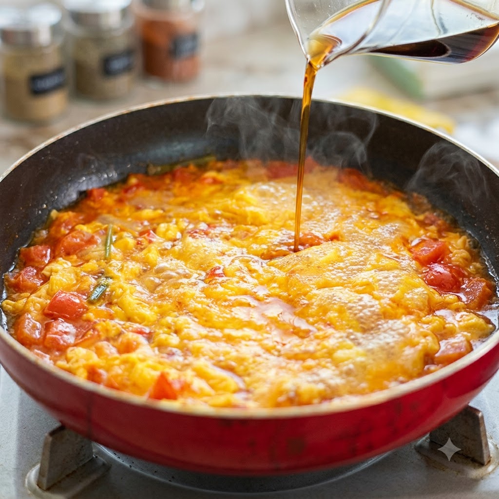 유리 계량컵에 담긴 진간장을 끓고 있는 토마토 달걀 팬에 붓고 있는 모습.