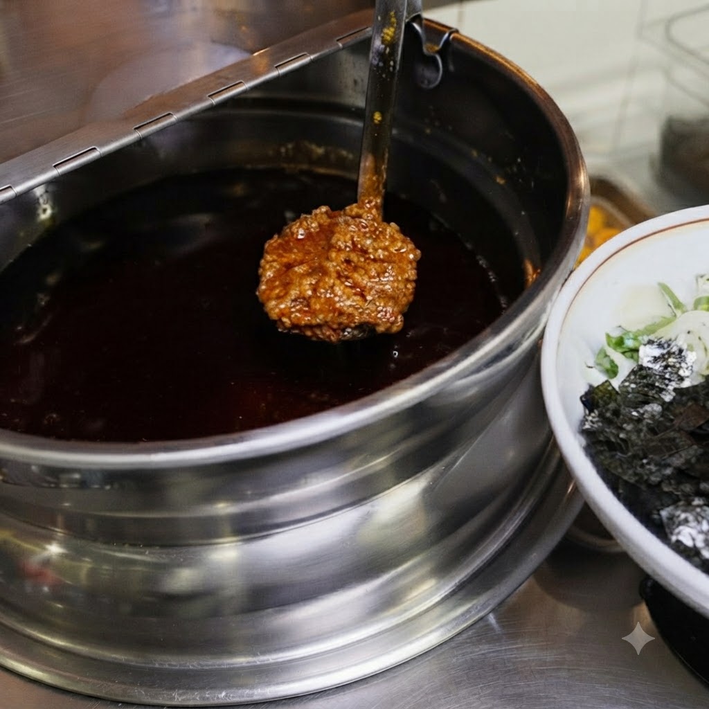 면이 담긴 그릇 옆에서 국자로 감칠맛 나는 고기 볶음 소스를 듬뿍 떠 올린 모습.