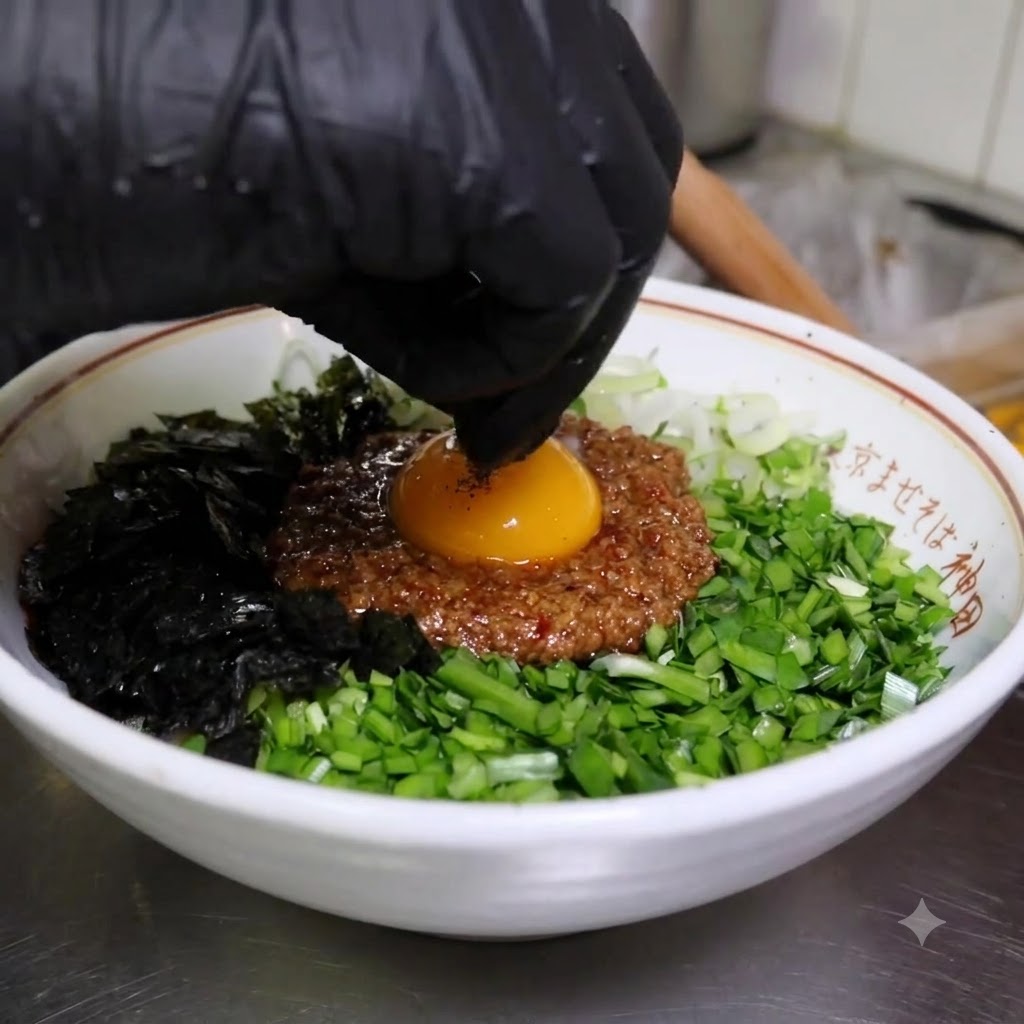 라멘 그릇에 차슈 슬라이스와 반숙란을 가지런히 담아 장식하는 모습.