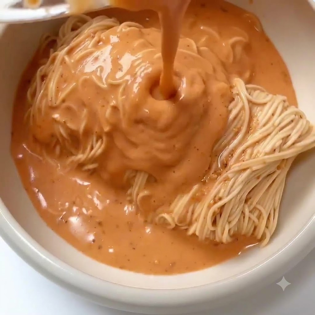 서빙 볼 안의 면 위로 부드럽고 크리미한 붉은빛 소스가 위에서 부어지는 모습.