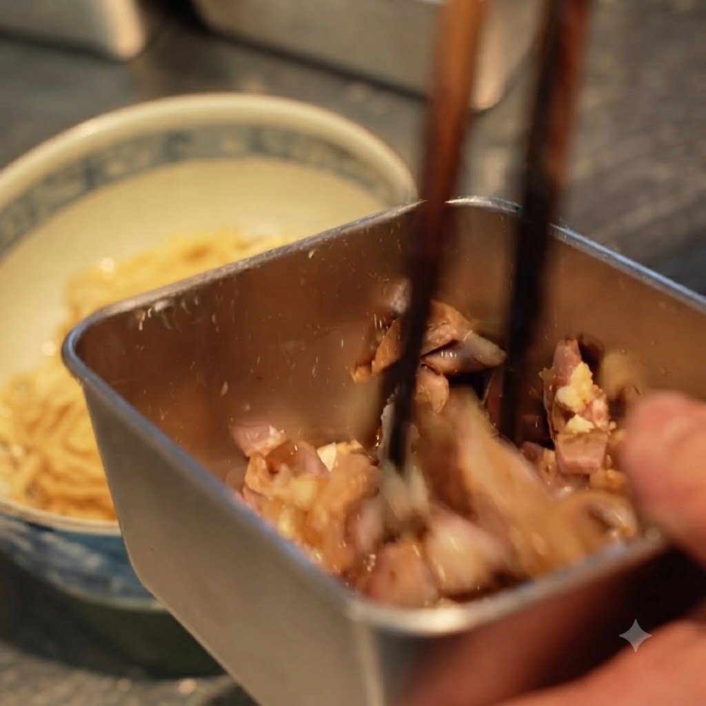 서빙 그릇 안의 면 위에 젓가락으로 다진 차슈 고기를 올리는 모습.