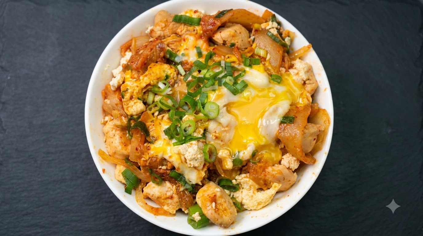 흰 그릇에 담긴 전분 없는 김치 닭고기 오야코동의 클로즈업 샷으로, 폭신한 두부 크럼블과 부드러운 닭고기, 매콤한 김치, 그리고 파로 장식된 촉촉한 달걀이 어우러져 있습니다.