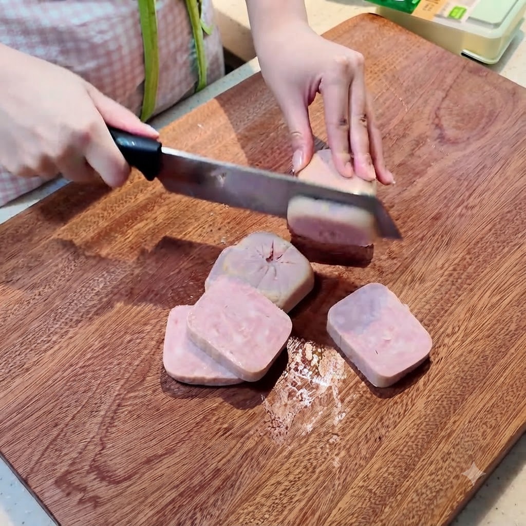 나무 도마 위에서 균일한 크기로 썰리는 스팸과 연두부.