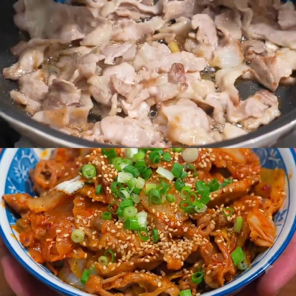 볶아지는 고기와 함께 양파 슬라이스를 팬에 넣어 섞는 모습.