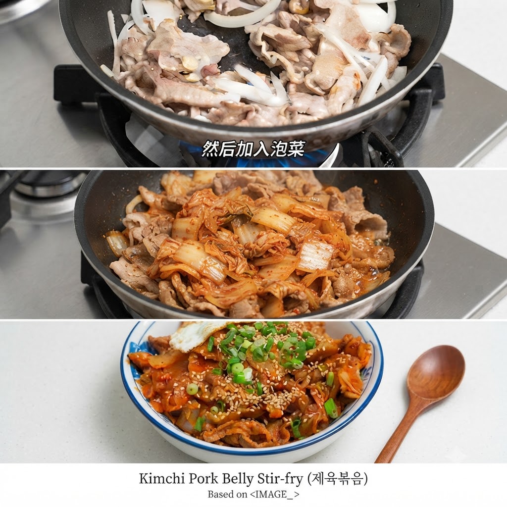 팬 안의 고기와 양파 위에 썬 김치와 붉은 김치 국물을 붓는 모습.