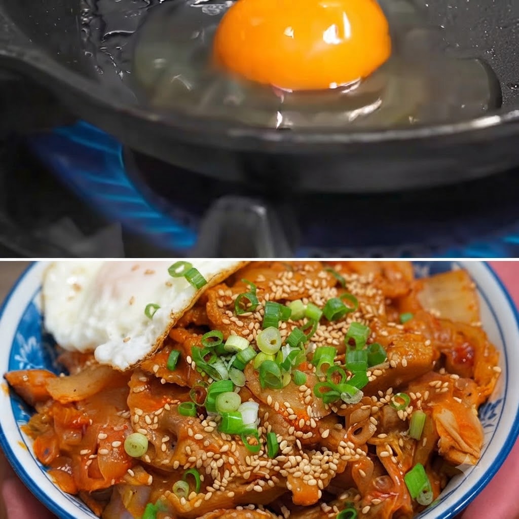 푸른색 가스 불 위에서 프라이팬에 달걀을 깨어 넣고 익히는 모습.