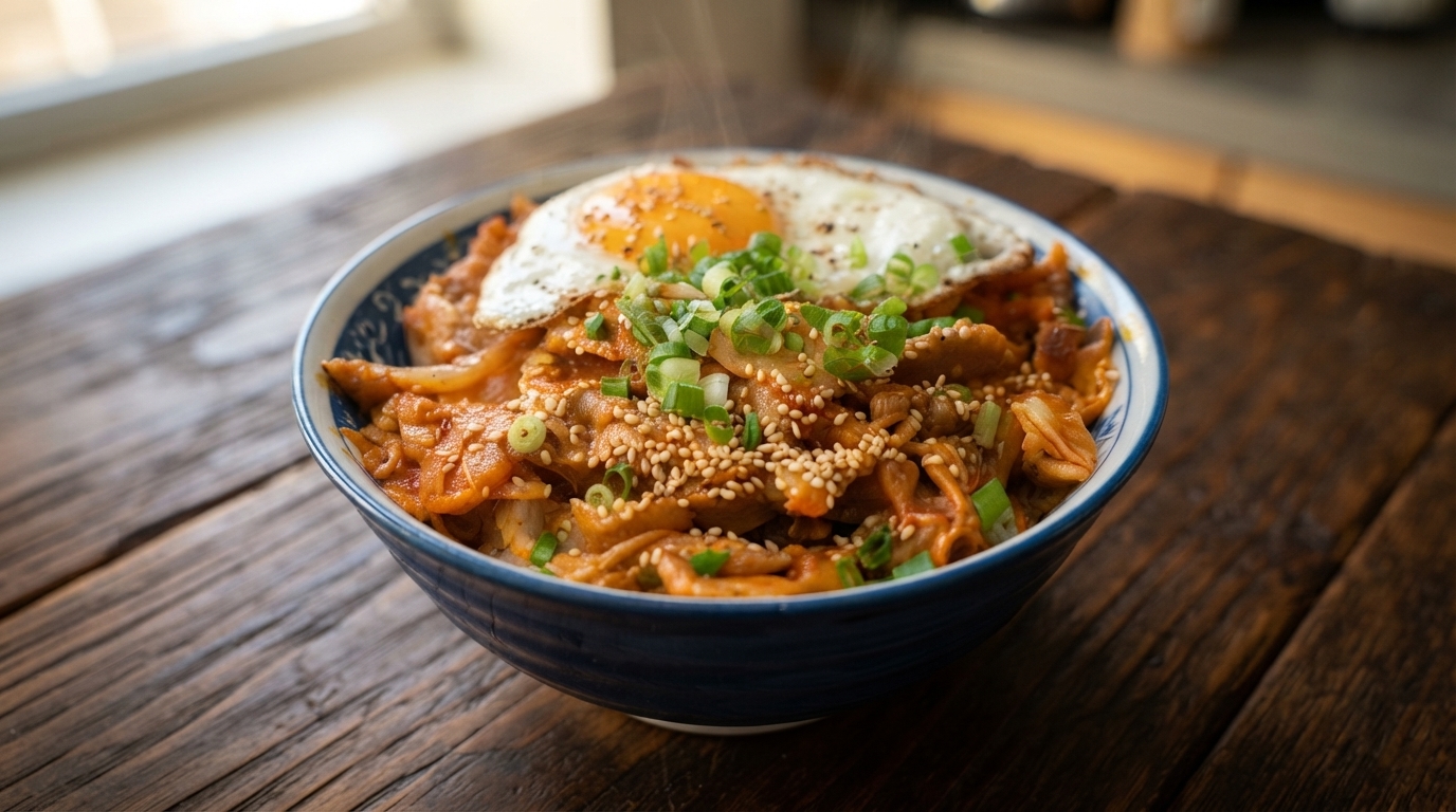 푸른색 그릇에 담겨 김가루와 송송 썬 대파, 참깨가 올라간 먹음직스러운 김치 제육덮밥의 모습.