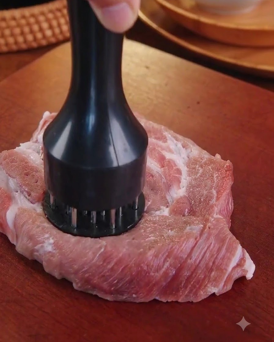 나무 도마 위에서 고기 망치로 생 돼지 목살을 두드리는 모습.