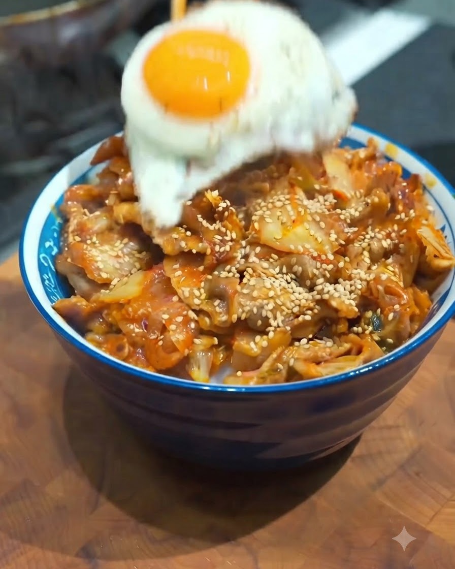 맛있는 김치 돼지고기 덮밥 위에 갓 구운 달걀프라이가 조심스럽게 얹어지는 모습