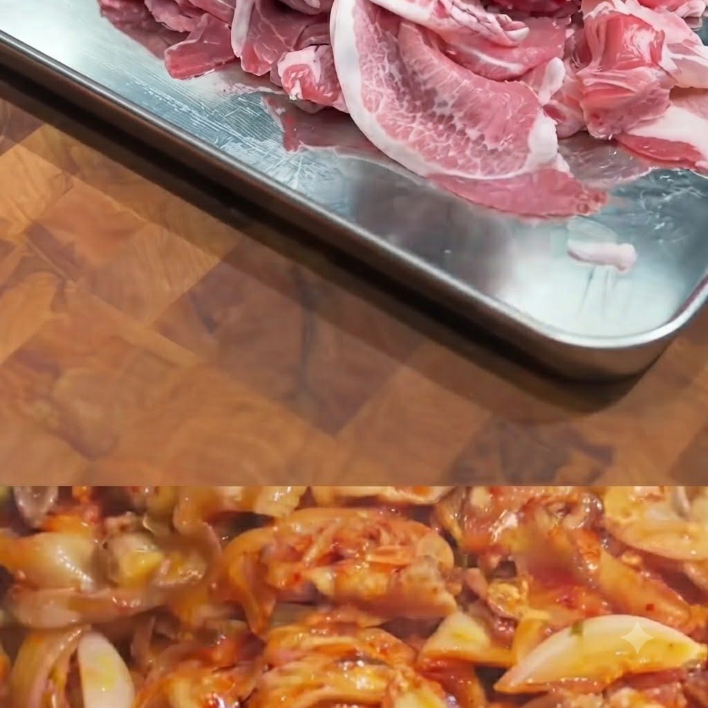 쟁반 위에 밀가루가 골고루 묻혀진 얇은 돼지고기 조각들.