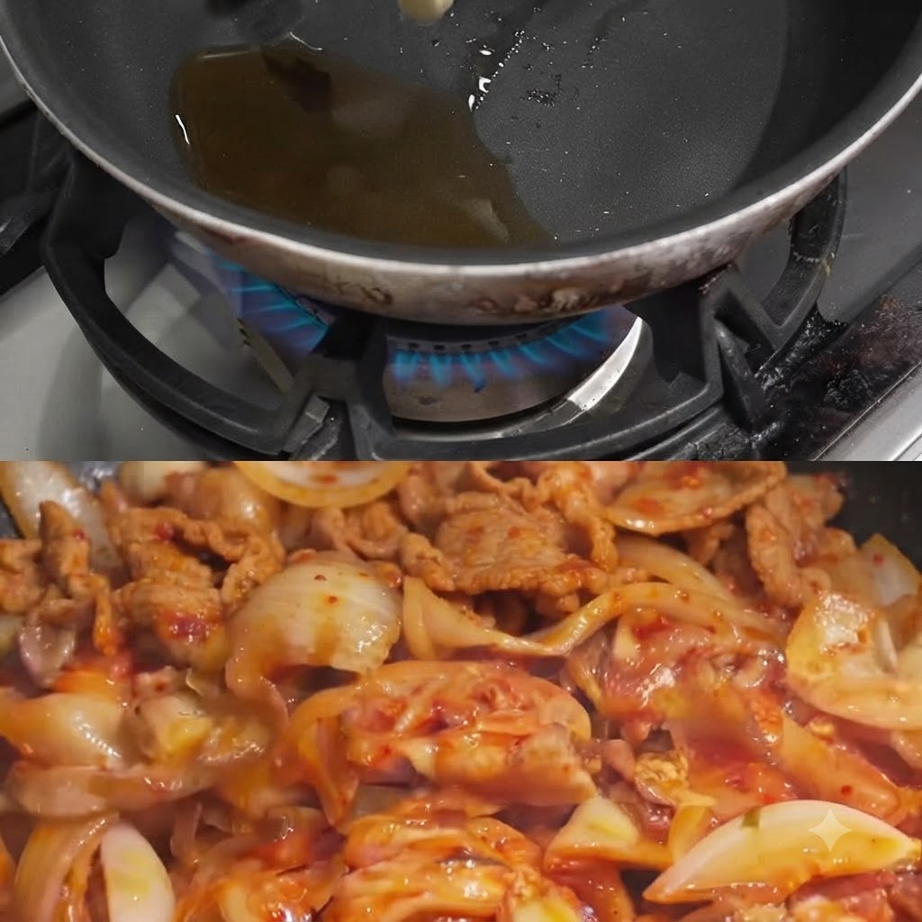 팬 안에서 뜨거운 기름에 지글지글 볶아지고 있는 편마늘.