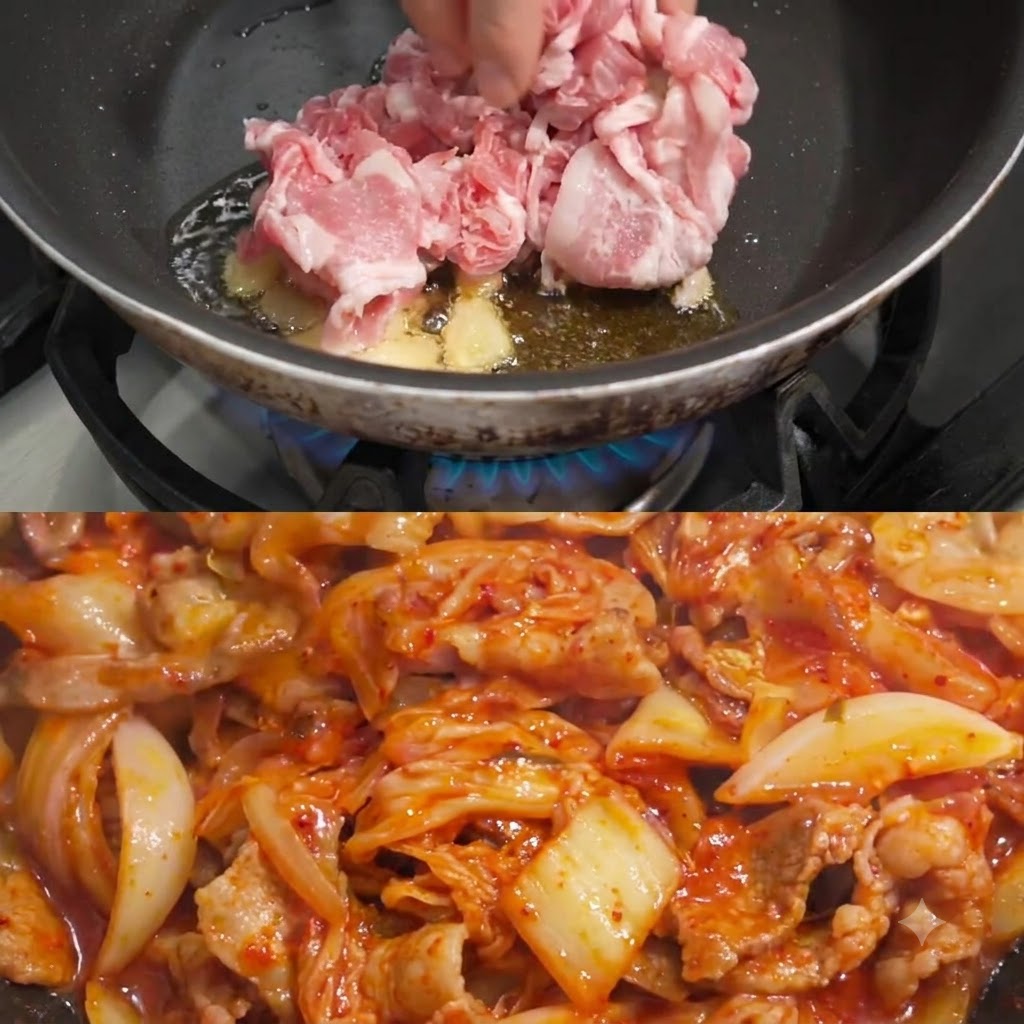 팬에서 노릇하게 볶아지고 있는 돼지고기 조각들.