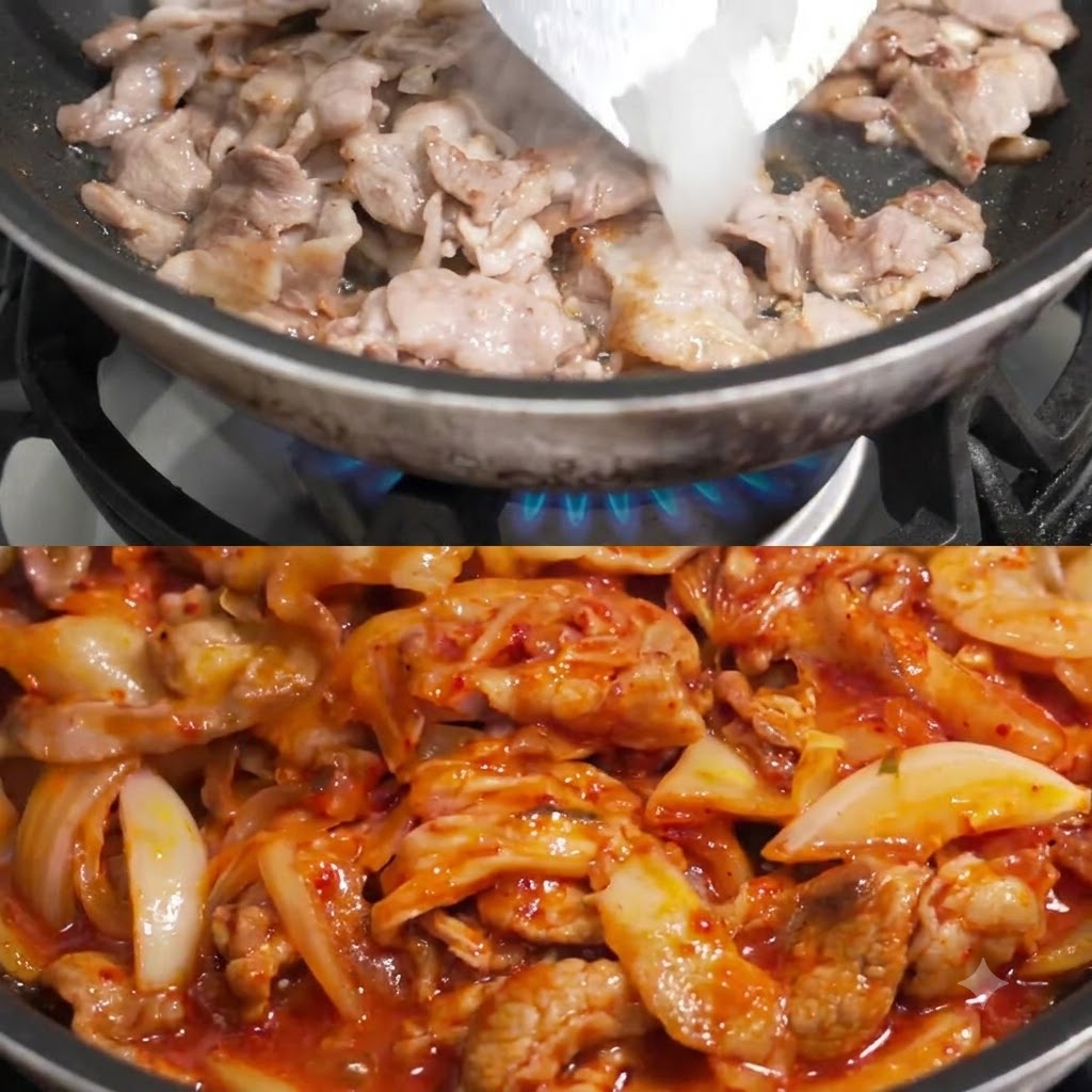 익은 고기가 담긴 팬에 썰어둔 양파를 넣는 모습.