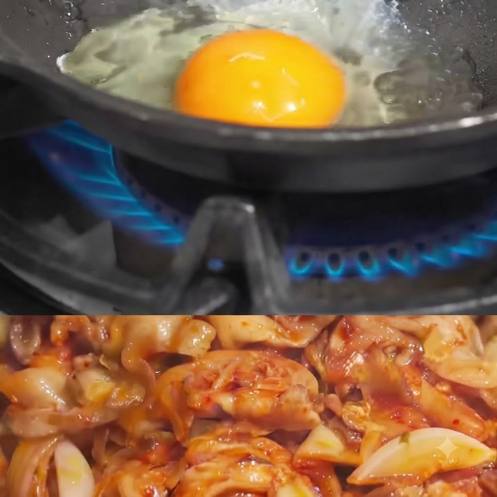 푸른색 가스 불 위에서 달궈진 팬에 기름과 함께 깨지는 신선한 날달걀의 클로즈업 샷.