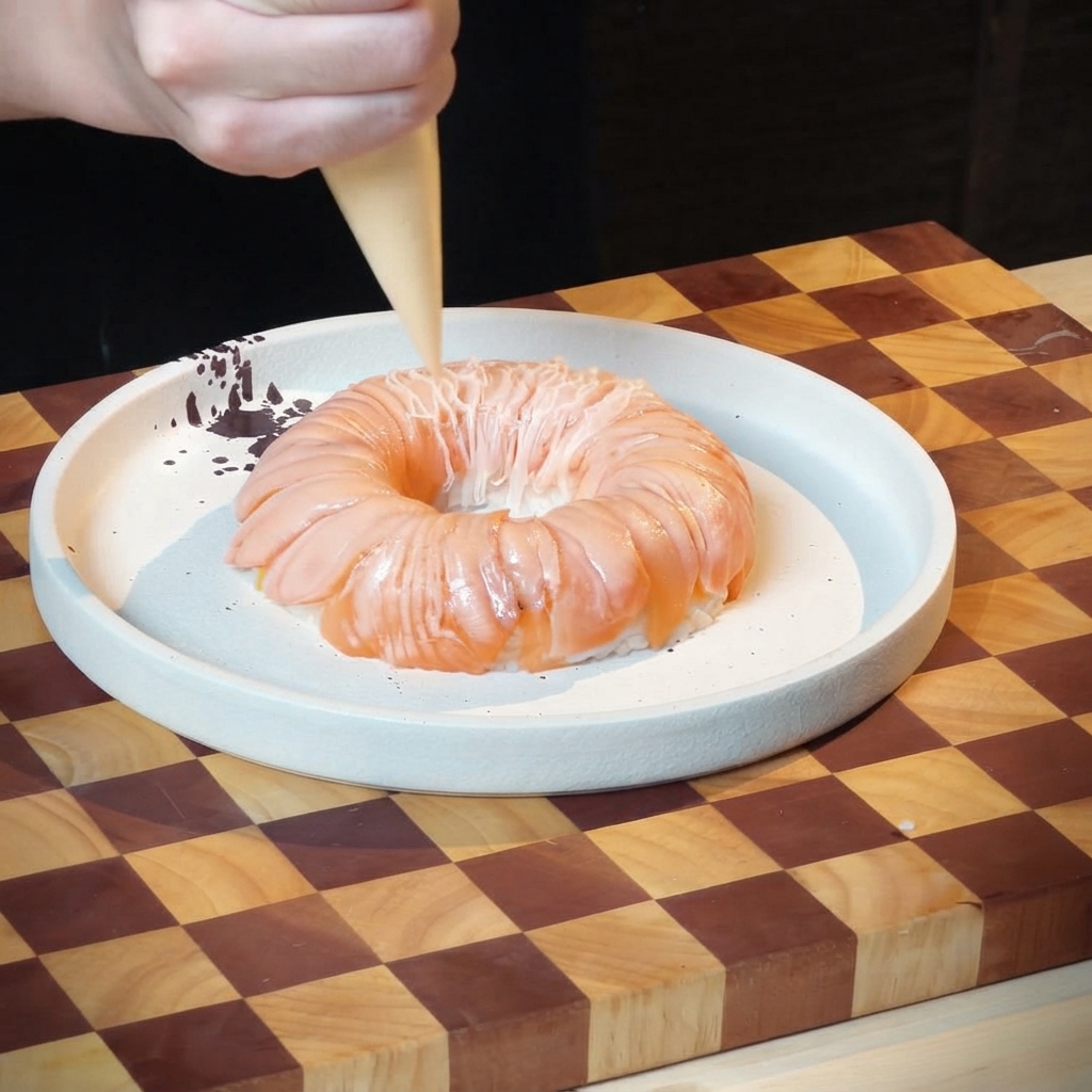 도자기 접시에 담긴 토치 구이 연어 링 위에 짜는 주머니로 소스 줄무늬를 짜고 있는 모습.