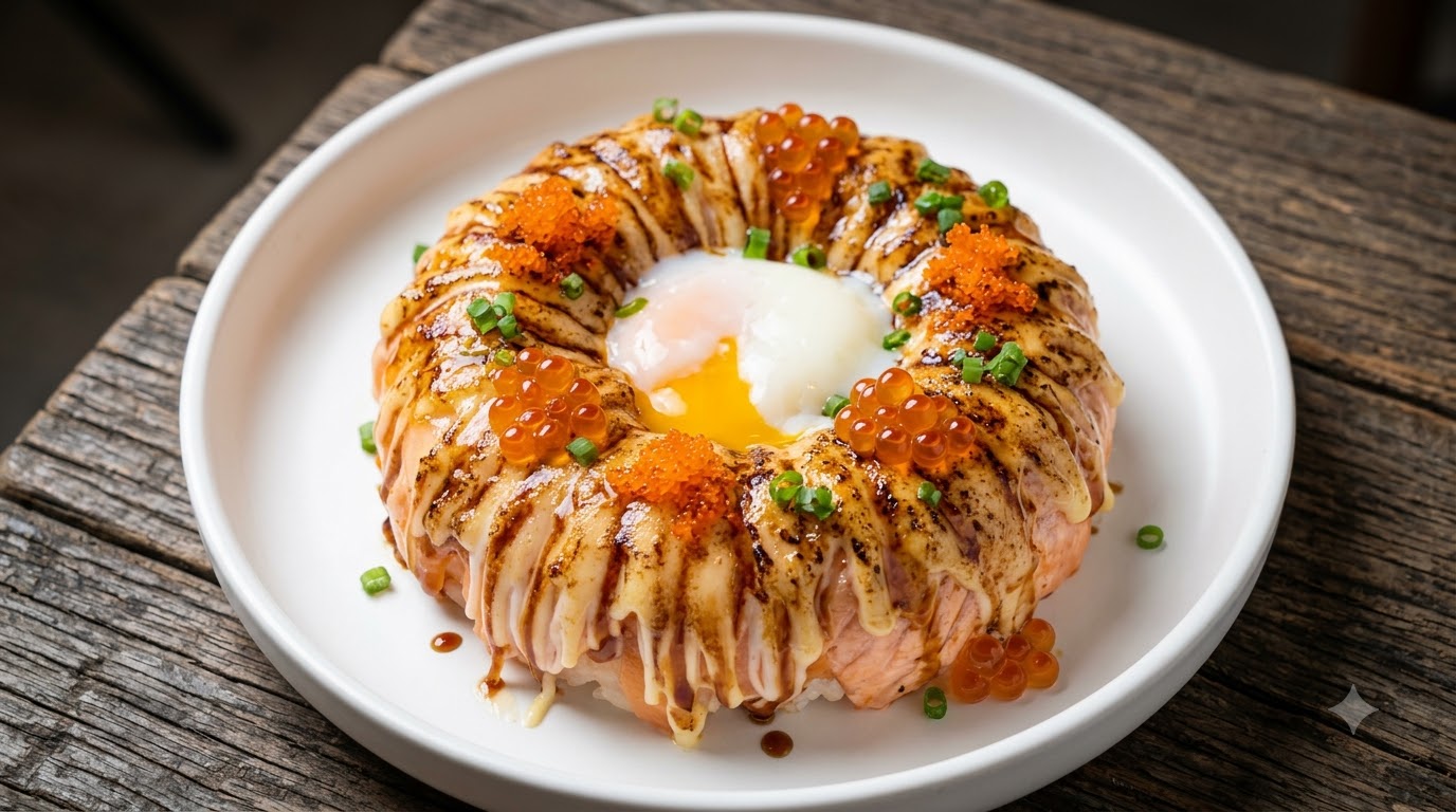 달콤한 장어 소스, 크림슨 마요네즈, 온천 계란을 얹은 토치 구이 연어 링의 클로즈업 샷.