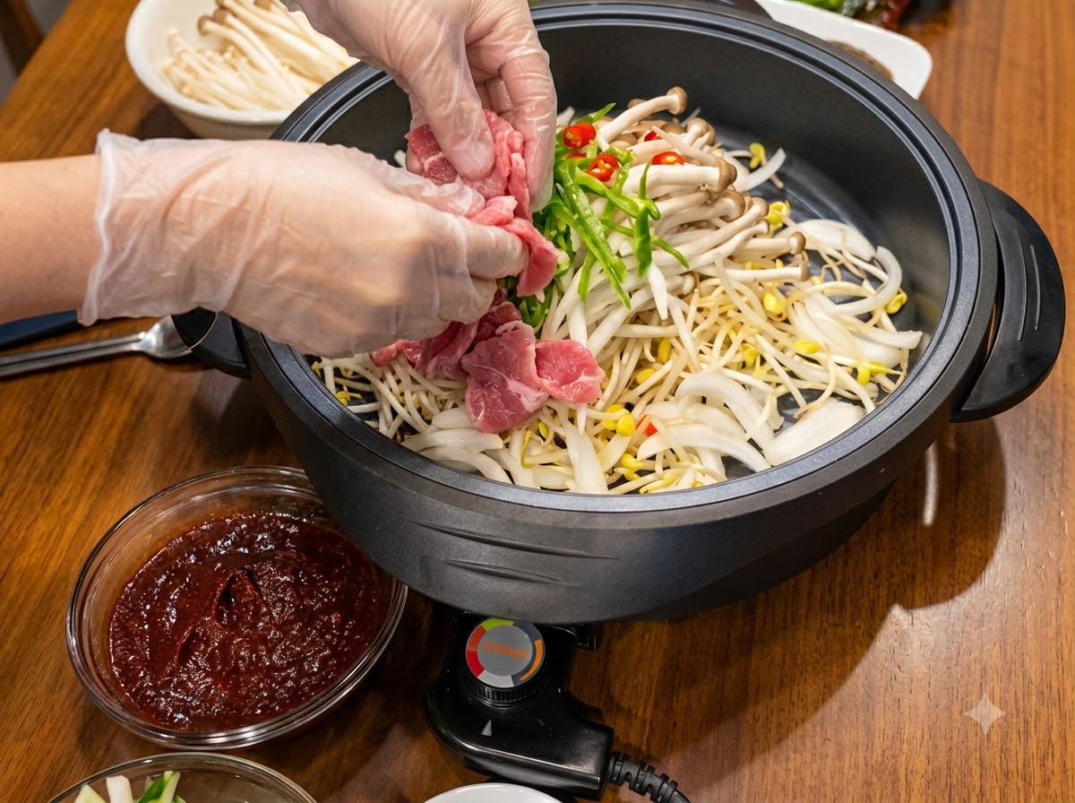 보호 장갑을 낀 손이 채소가 가득 찬 팬 가장자리를 따라 날고기를 가지런히 배열하고 있습니다.