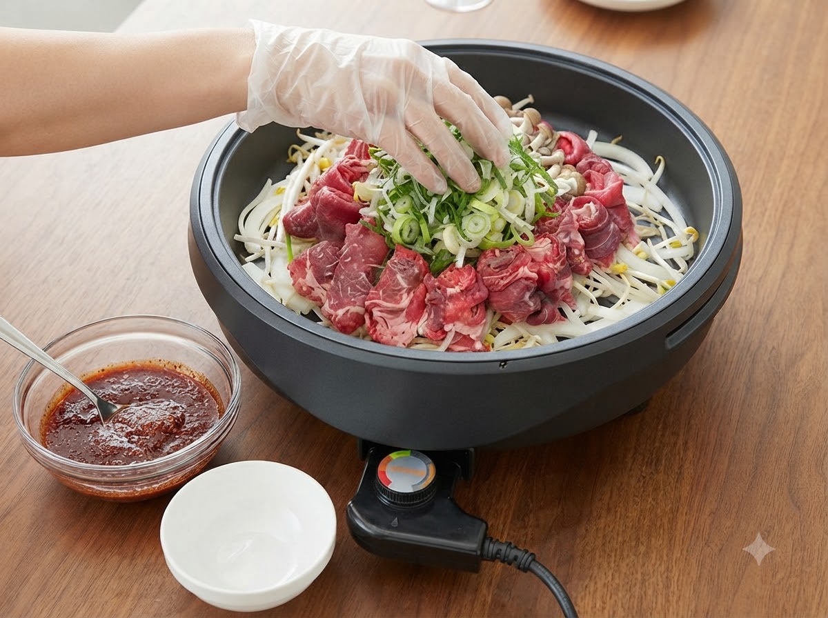 위생 장갑을 낀 손이 팬 안의 고기와 채소 정중앙에 신선하게 채 썬 초록색 쪽파를 올리고 있습니다.