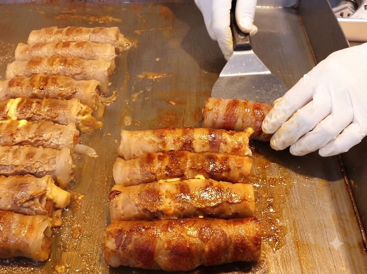 고기말이 재료 위 치즈 층 위에 파릇파릇한 깻잎을 올리는 모습.