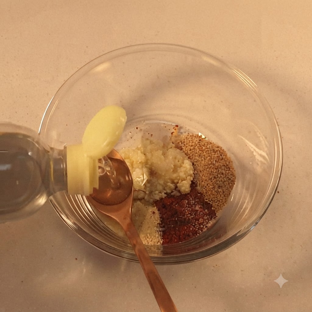 가루 양념이 든 볼에 맛술과 간장을 계량스푼으로 부어 넣는 모습.