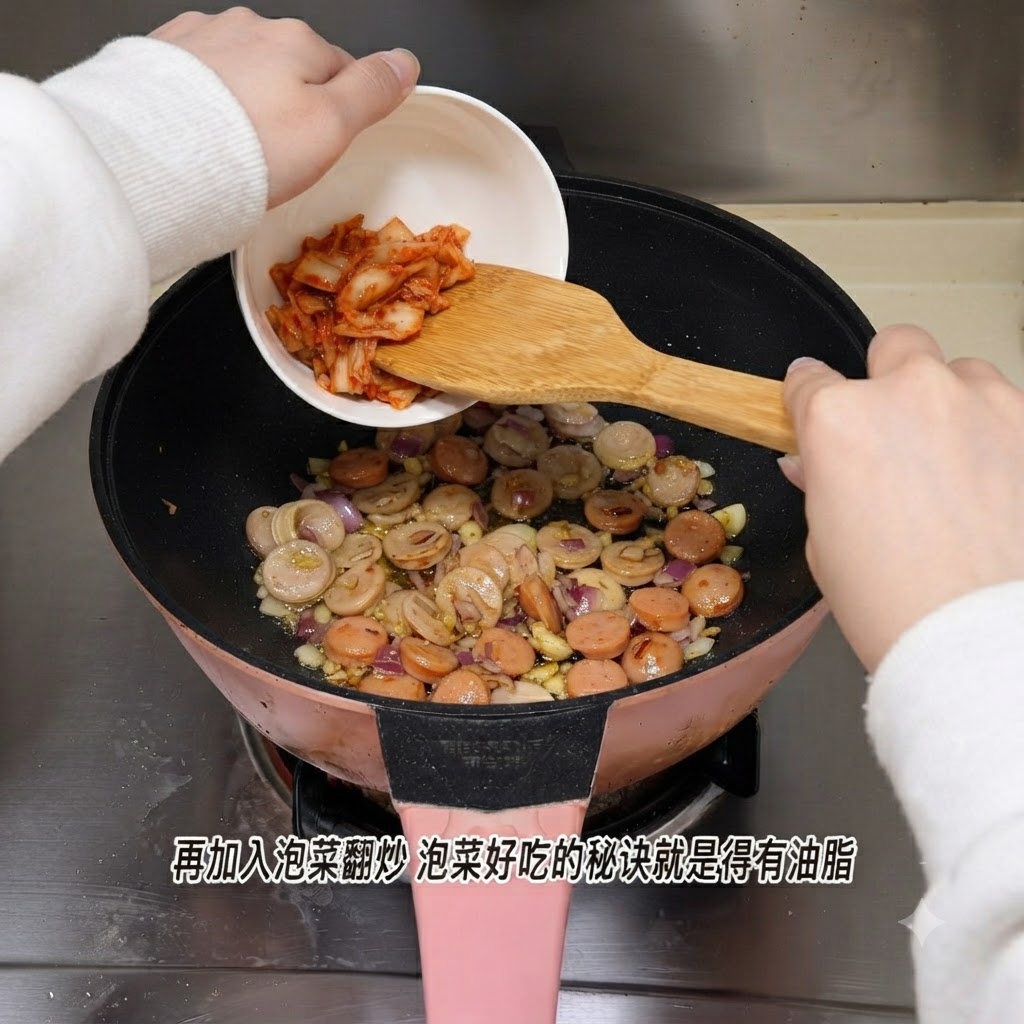 작은 흰색 그릇에 담긴 김치가 소시지와 양파가 볶아지는 팬 안으로 들어가는 모습