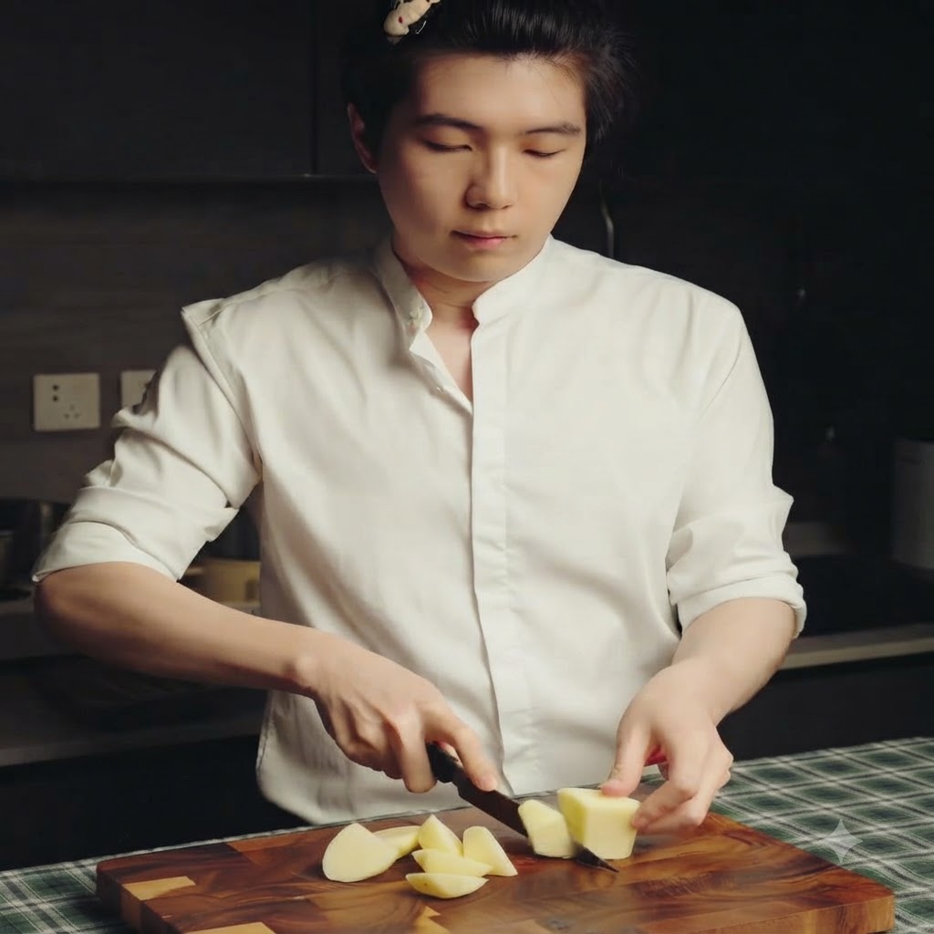 도마 위에서 칼을 이용해 껍질을 벗긴 감자를 한 입 크기로 깍둑썰기하고 있는 모습.