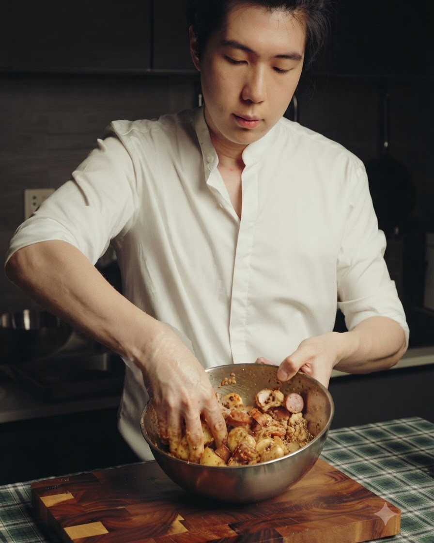 스테인리스 볼 안에서 양념된 감자, 소시지, 버섯을 손으로 골고루 섞고 있는 사람.