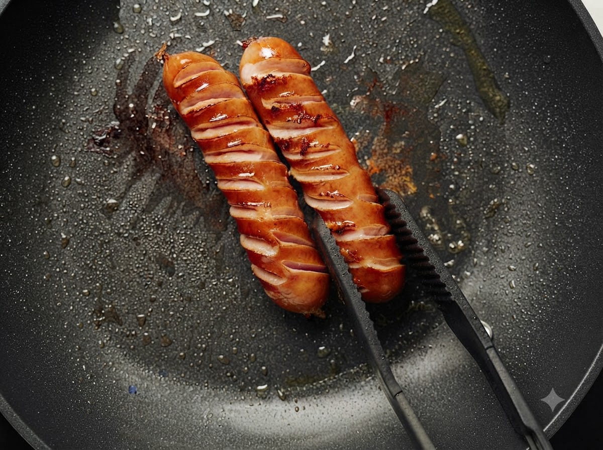 검은색 팬에서 집게로 집어 올린 칼집 낸 두 개의 치즈 소시지가 노릇하게 익어가는 모습.