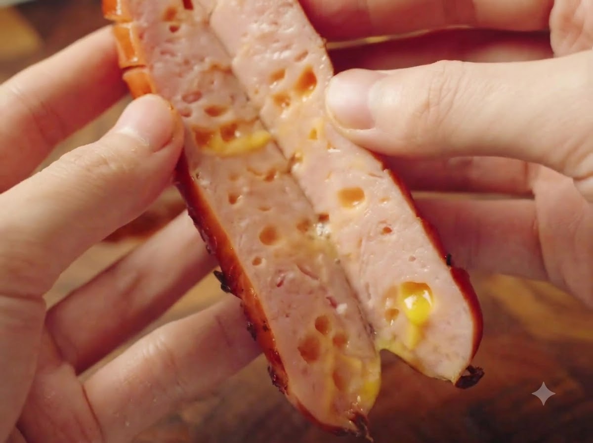갓 조리된 치즈 소시지를 반으로 잘라 속의 노란 치즈가 녹아 있는 모습.