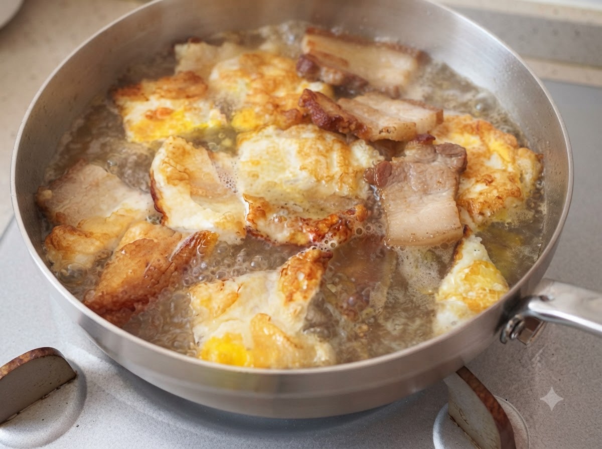 썰어둔 버섯, 햄 소시지, 흰 두부 조각들을 육수가 끓고 있는 냄비에 넣고 있는 모습