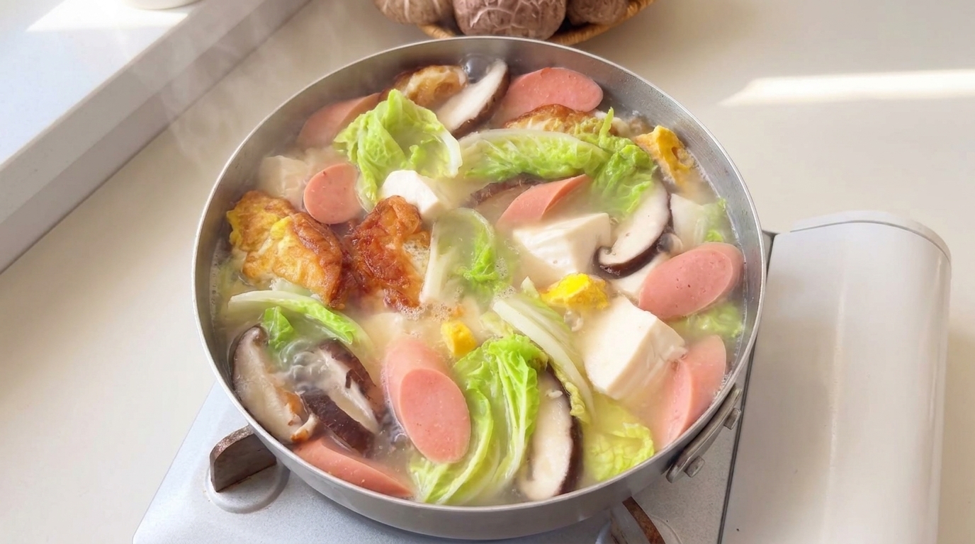 진한 우유빛 육수에 바삭하게 부친 계란, 배추, 두부, 표고버섯, 햄 소시지가 어우러진 보글보글 끓는 삼선탕