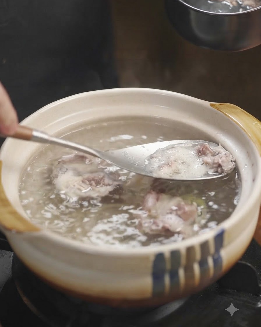 끓고 있는 소고기 뼈 국물에서 금속 국자로 거품을 걷어내는 모습.